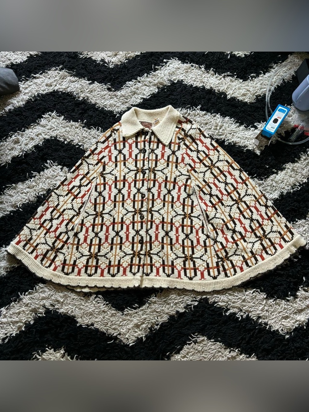 Sturbridge Vintage 70s Knit Autumnal Multicolor Collared Button Down Cape/Poncho